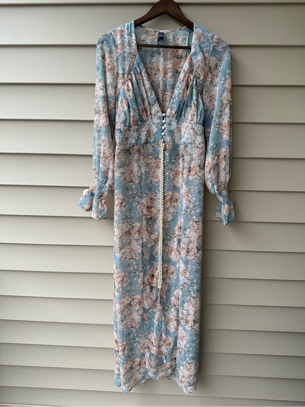 ALYA Blue Floral Sheer Sleeve Midi Dress L Cottagecore Romantic